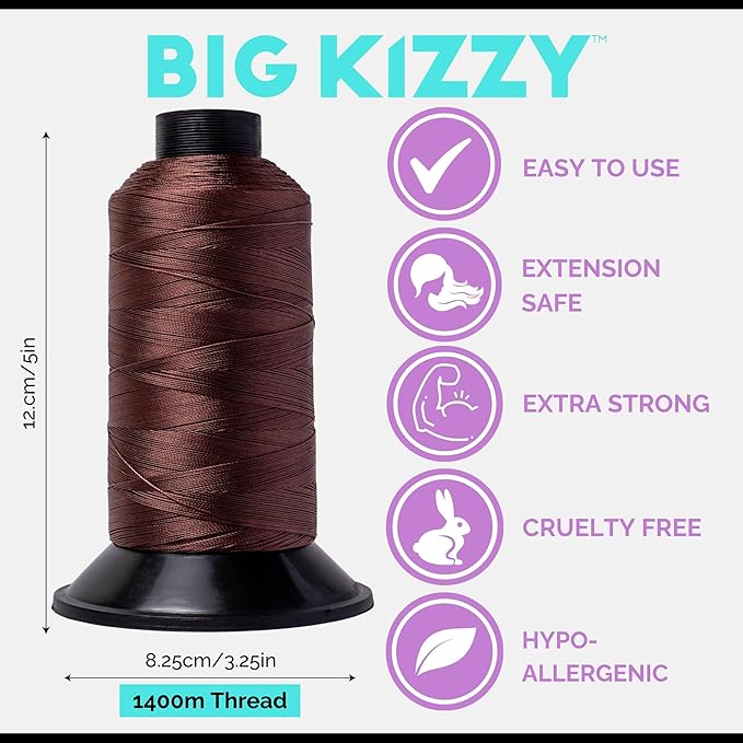 Big Kizzy Brown 1400m Nylon Thread for Hair Extensions, Sew in Human Hair Weft and Wigs - Non-Slip and Comfortable Hold for Hand and Machine Tied Weft