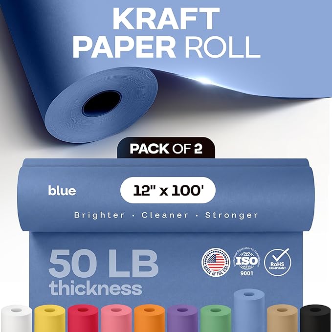 12" x 1200" (100 ft) Blue Kraft Paper Roll, Pack of 2 - USA-Made Quality Craft Paper for Gift Wrapping, Kids' Arts & Crafts, School Projects - 100% Recycled, 50 lb Natural Material by IDL Packaging