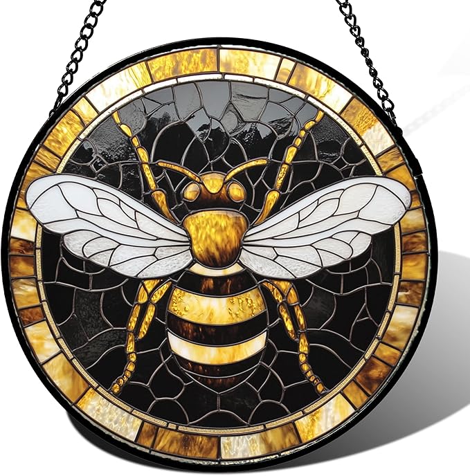 Stained Glass Window Hanging - Black Gold Bee White Wings Sun Catcher for Door Home Decor Insect Suncatcher Christmas Mother's Day Birthday Gifts for Women Men Lovers Mom Nana 7.8 in
