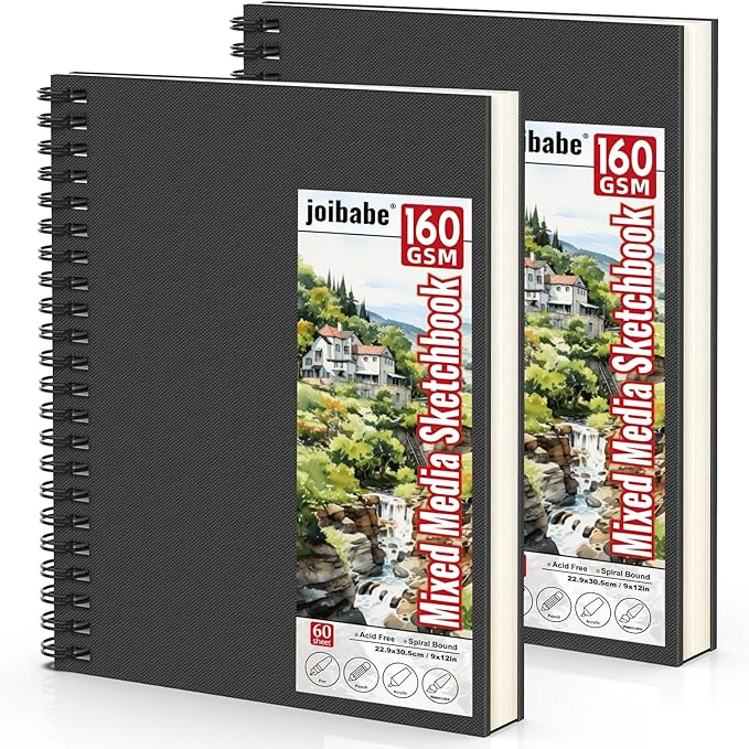 Hardcover Sketch Book，Double-Sided Hardbound Sketchbook, Spiral Sketch Pad,Acid Free Painting Art Paper for Kids and Adults (9x12 2Pack Mixed Media Sketchbook（160Gsm/98LB）)