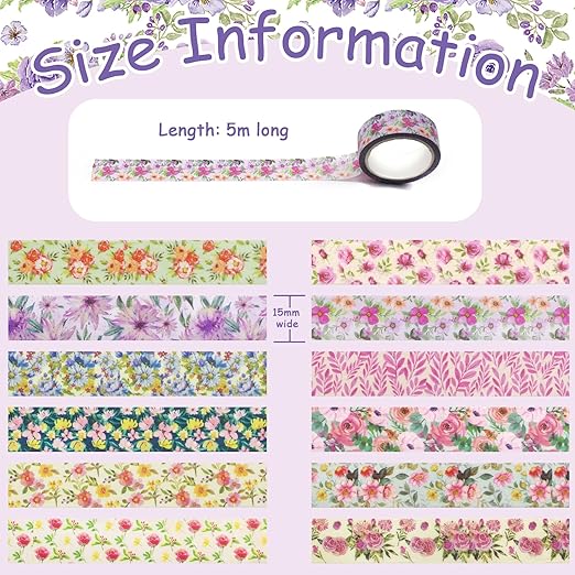 Benvo 12 Rolls Floral Washi Tape 15 mm Wide Flower Masking Tape Decorative Paper Tape for Journals, Scrapbooks,Vision Boards, Planners, Envelope DIY(5m Long Each Roll, 12 Flowers Pattern B)