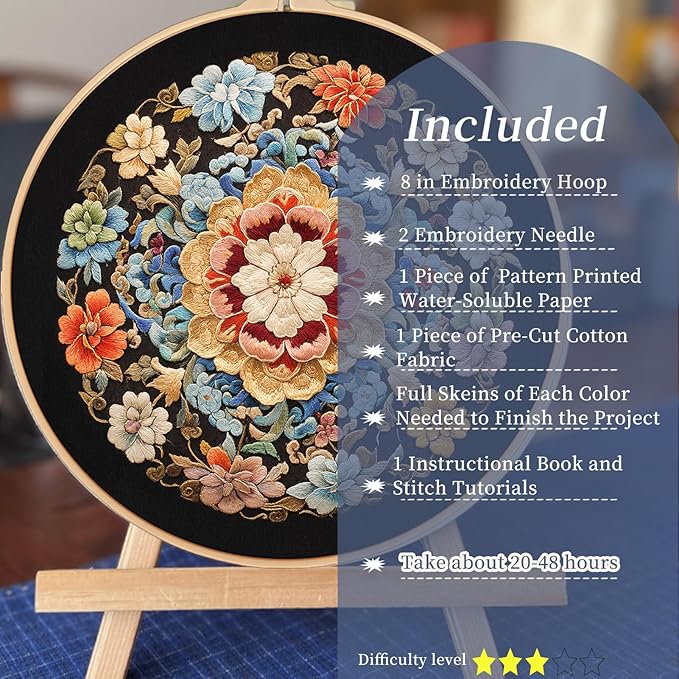FONNUY Floral Embroidery Kit, Cross Stitch Kits for Beginners, Handmade Crafts with Printed Patterns for Beginner Adults, Easy to Follow Color Thread Needlework, 8'' Hoop (Wildfire of Blossoms)