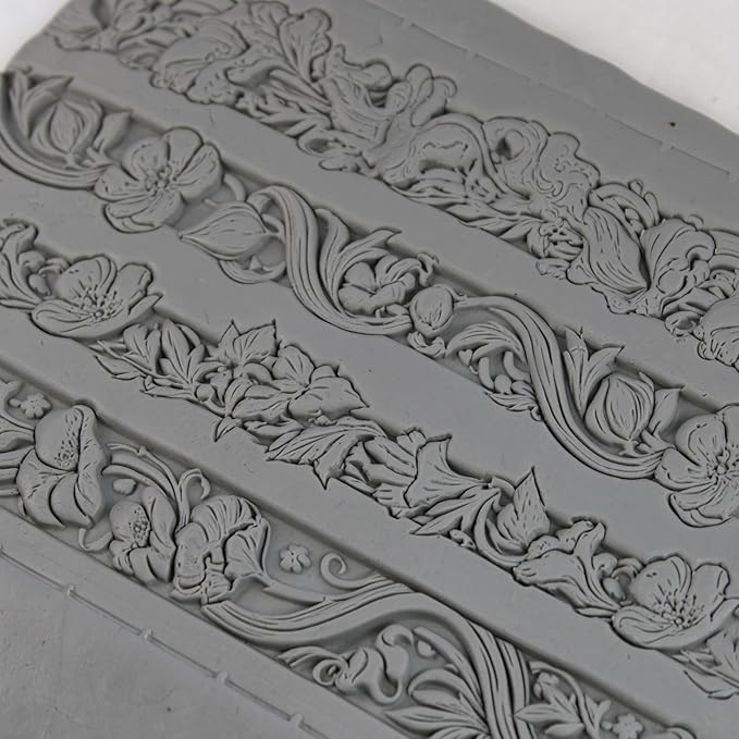 Nouveau Bloom Clay Texture Roller (4") - Seamless Border Set #01 - Embossing Pattern Roller for Polymer & Ceramic Clay, Pottery & Crafts