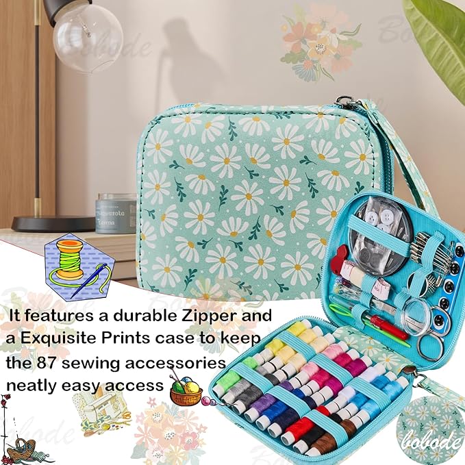 Printing Sewing Kit Chrysanthemum Pattern Sewing Set Small Travel Sewing Kit for Adults, 87 PCS Professional Sewing Supplies Accessory for Emergency, Home