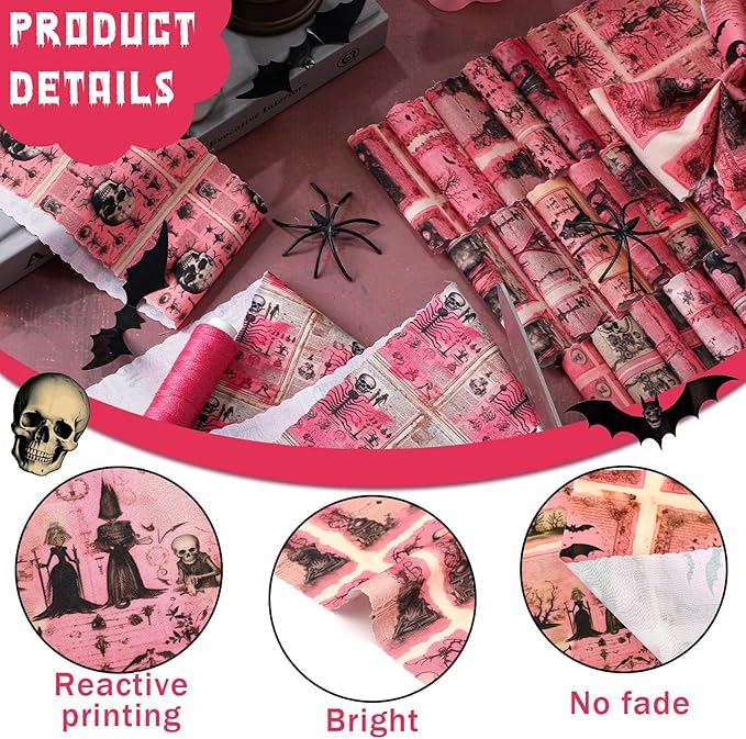 Ganeen 100 Pcs Pink Halloween Quilting Fabric Roll Vintage Skeleton 2. 56 Inch Fabric Squares Jelly Patchwork Precut Strips Bundles for Holiday Materials Craft DIY Sewing Cloths