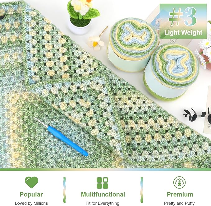 Aeelike Gradient Yarn for Crocheting, Soft Ombré Fairyland Yarn # 3 Light Weight with Vibrant Colors 6 x 100g (3.52 oz) 245m (267 Yards) for DIY Making Colorful Blanket Scarves Hat, Green Gradient