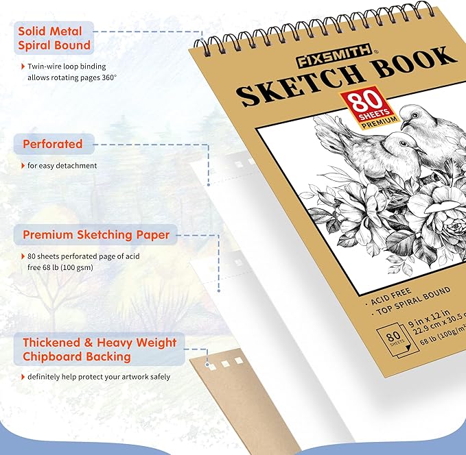 FIXSMITH 9"X12" Sketch Book | 160 Sheets (68 lb/100gsm) | 2 Pack Sketchbooks | Top Spiral Bound Artist Sketch Pad | Acid Free Drawing Pad | Ideal for Kids,Beginners,Artists &Painters | Bright White