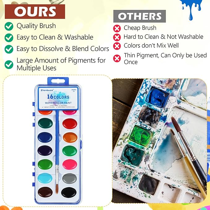 16 Pack Watercolor Paint Set - 16 Colors Quality Washable Water Color Paints Sets with Paint Brush, Kids Watercolor Paint Set for Coloring, Art, Classrooms, Party Favors and Paint Supplies
