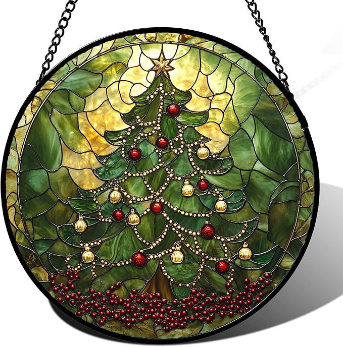 Stained Glass Window Hanging - Retro Green Christmas Tree Suncatcher for Doors Home Christmas Decoration Sun Catcher Thanksgiving New Year Birthday Gifts for Women Men Mom Nana 7.8 in