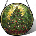 Stained Glass Window Hanging - Retro Green Christmas Tree Suncatcher for Doors Home Christmas Decoration Sun Catcher Thanksgiving New Year Birthday Gifts for Women Men Mom Nana 15 in