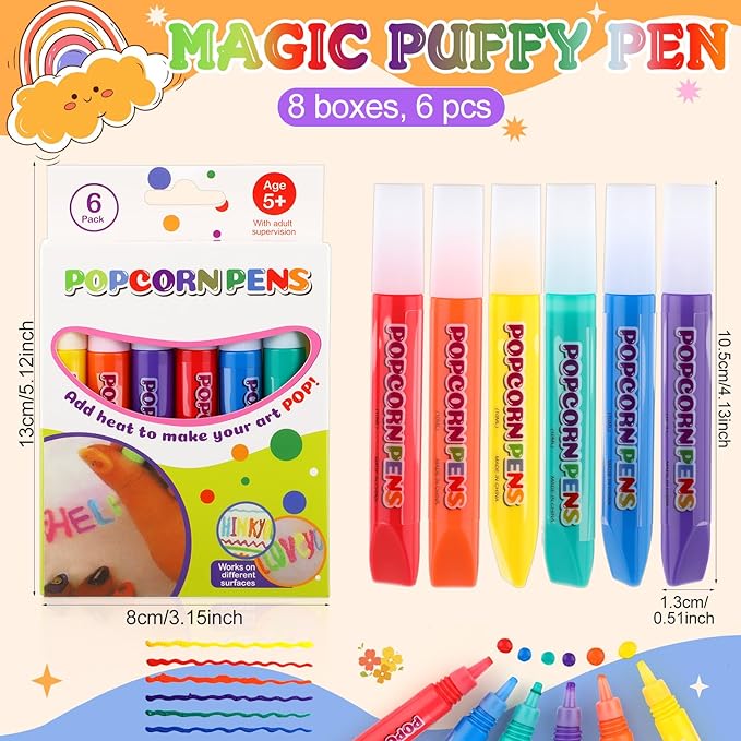 Honoson 8 Sets Magic Puffy Pens 6 color Bubble Popcorn Paint Pen 3D Art Foam Texture DIY Bubble Popcorn Drawing Markers for Christmas Kids Art Painting Supplies for Home School Birthday Gift