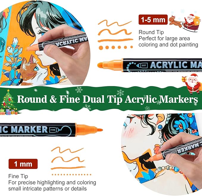 12 Colors Waterproof Dual Tip Acrylic Paint Pens, Dot & Fine Tip Premium Coloring Drawing Markers Set for Wood, Rock Painting, Canvas, Glass, Ceramic Surfaces and DIY Crafts Making Art Supplies