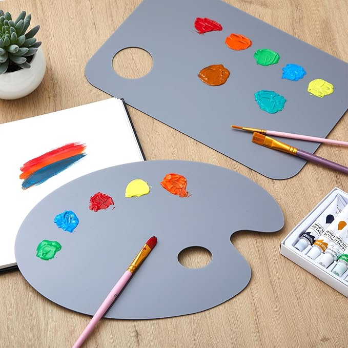 Honoson 2 Pack 11.8 x 7.9 Inch Neutral Grey Acrylic Paint Palette with Opaque Paint Pallet, Easy to Clean Non Stick Artist Pallet for Oil Watercolor Craft DIY Painting Palette (Square and OVA)