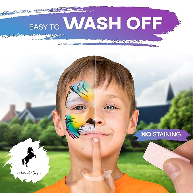 Face Paint Kit for Kids – 12 Vibrant Split Cake Colors, 40 Reusable Stencils, Brushes, Sponges & Tattoo Sheets – Non-Toxic, Paraben-Free, Easy to Apply & Wash Off – Perfect for Parties & Halloween.