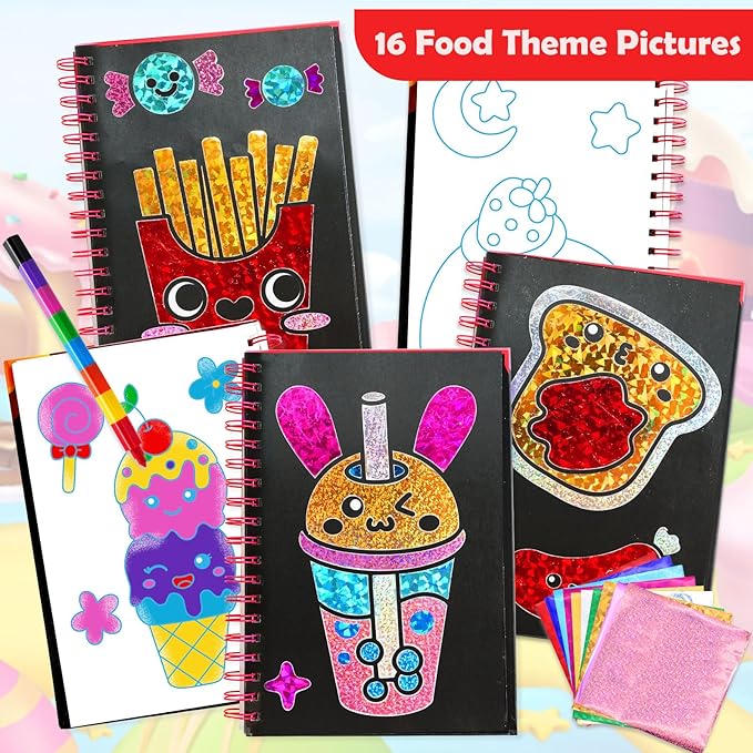 FUNNYB&G Foil Art Craft for Kids - Christmas Crafts Gift Party Favors Stocking Stuffers for Kids Fun Art Supplies Creative Birthday Gift Travel Toys for Girls Boys 4 5 6 7 8 9 Years Old (Food)