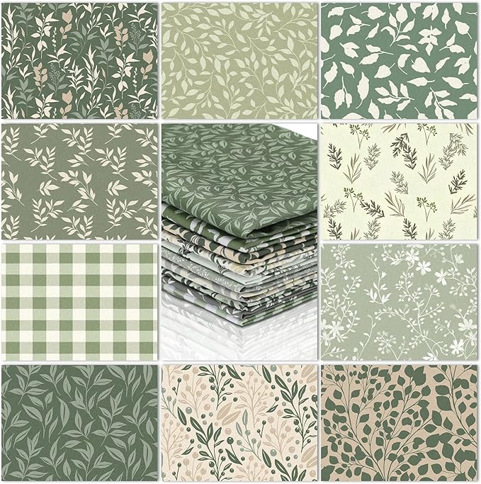 Hahafelt 10 Pcs Sage Green Floral Quilting Fabric 18 x 22 Inch Spring Leaves Fabric Jelly Sage Green Flower Precut Quilting Strips for Spring Summer Craft Sewing DIY