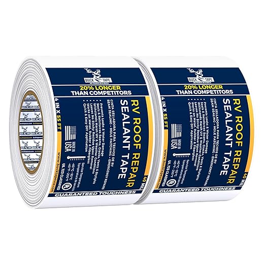 2 Pack Buck RV Roof Sealant Tape – 4 Inch x 55ft, 40 Mil – Waterproof RV Tape for Roof Repair, Seams, Skylights, Vents & Window Leaks on Camper, Trailer & Boat, UV Resistant & Weatherproof, White