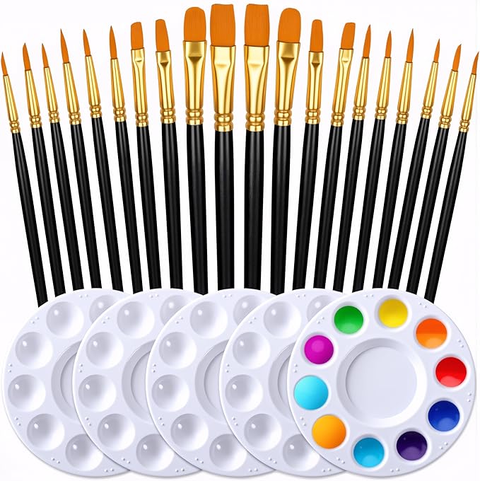 Paint Brushes Palettes Set by DUGATO, 2 Packs/20pcs Round Pointed Tip Nylon Hair Brushes with 5 Paint Trays for Acrylic Watercolor Oil Gouache Tempera and Body Painting (Black)
