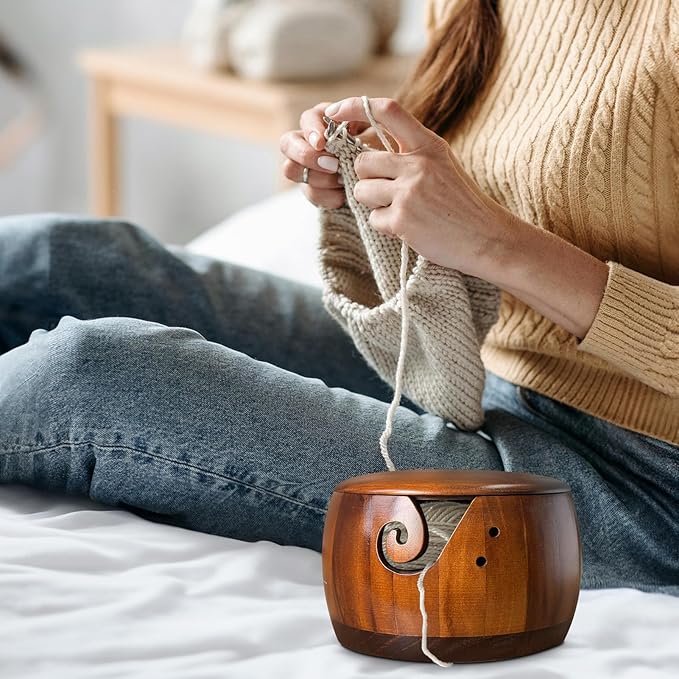 Wooden Yarn Bowl,Yarn Bowl with Lid, Knitting Yarn Bowl with Holes Storage,Yarn Holder Bowl for Crocheting and Knitting 7.2X4.2in,Crochet Bowls for Yarn,Knitting Bowl for Handmade Crocheting