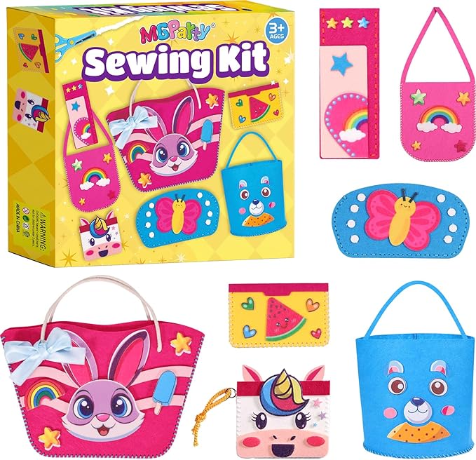 MGparty Sewing Kit for Kids, DIY Beginner Sewing Kit with 7 Cute Cartoon Bags Purses to Make Unicorn, Bunny, Bear, Rainbow Crafts for Girls Boys Educational Sewing Toy Gift