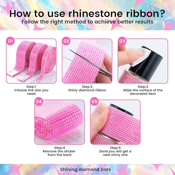 Novani Self Adhesive Rhinestone Ribbon, 1.57 Inch Wide 3 Yards 1 Roll, Hot Pink AB Crystal Diamond Bling Strips for DIY Crafts, Home Decor, Clothing,Shoes, Car Decoration