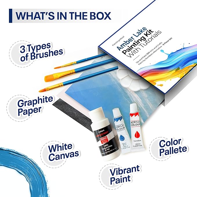 Painting4Real DIY Art Painting Kit for Adults – Learn to Paint Amber Lake with Video Tutorials – 9 Pieces Acrylic Paint Set for Adults –Perfect Christmas Crafts & Holiday Gifts for Art Lovers