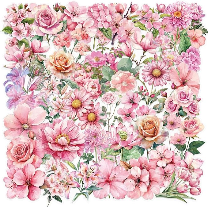 Pink Floral Waterproof Stickers for Scrapbooking – 50pcs Transparent Flower Decals for Journaling, Planner, Cardmaking, Laptops, Mug Decoration
