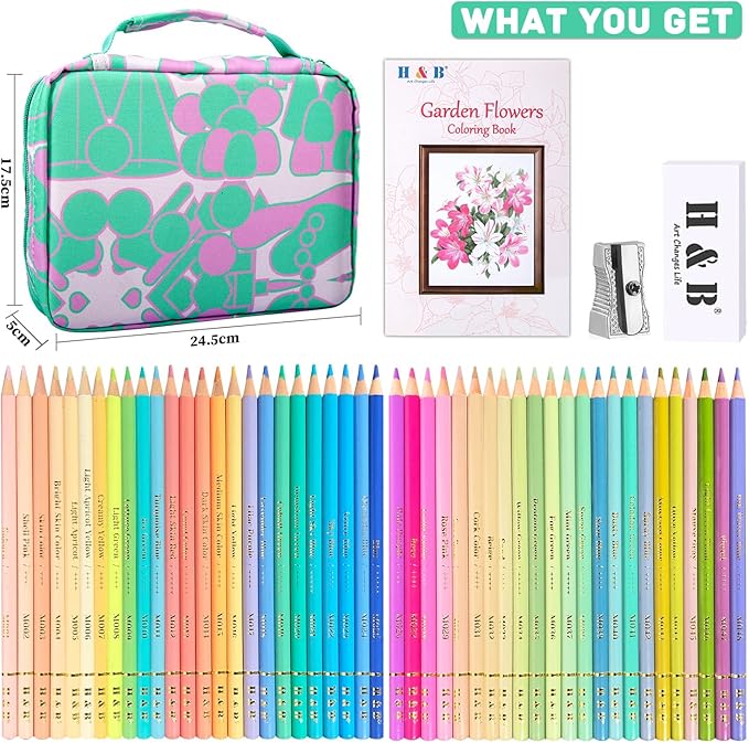 LBW Macaron Pastel Colored Pencils with Coloring Book, Eraser, Sharpener, Set of 50 Soft Core Artists Professional Color Pencils for Adults Kids Beginners