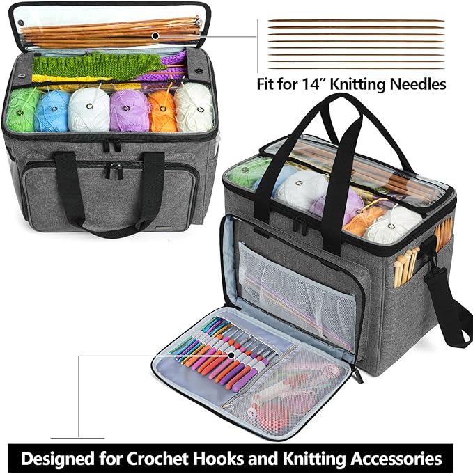 Teamoy Knitting Bag, Yarn Tote Organizer with Inner Divider (Sewn to Bottom) for Crochet Hooks, Knitting Needles(Up to 14”), Project and Supplies -No Accessories Included, Gray