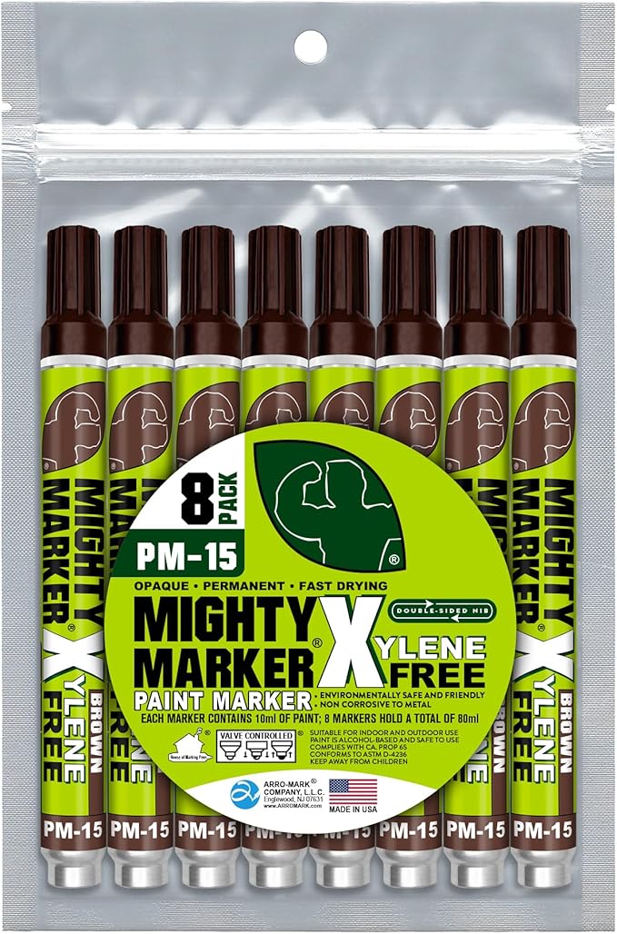 PM-15, Eco-Friendly Paint Marker, Alcohol-Based & Xylene-Free, Waterproof & Permanent, 10ml, 2.3mm Tip, 8 Bonus Tips, Made in USA, Brown 8 Pack