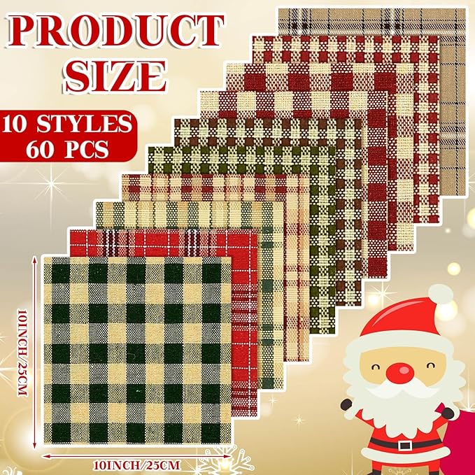 60 Pcs 10 x 10 Inch Vintage Christmas Quilting Fabric Plaid Homespun Cotton Fabric Jelly Squares Lattice Rustic Precut Santa Claus Quilting Strips for Xmas Craft Sewing DIY