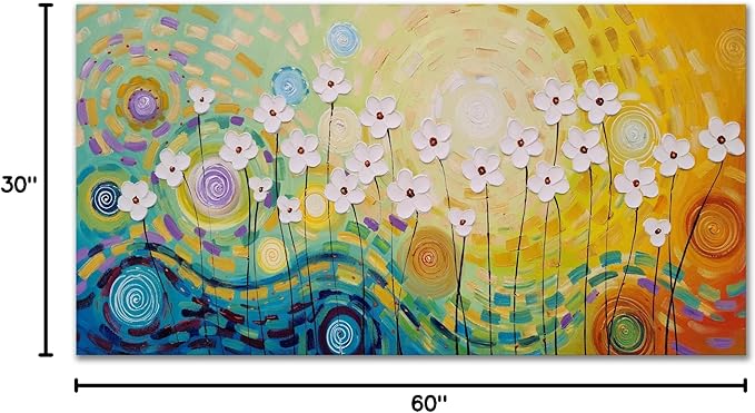 Yihui Arts Hand-Painted Textured Floral Wall Art, Vibrant Abstract Flower Canvas Painting with Thick Textures, Modern Boho Decor for Living Room Bedroom, Colorful Blooming Daisy Artwork