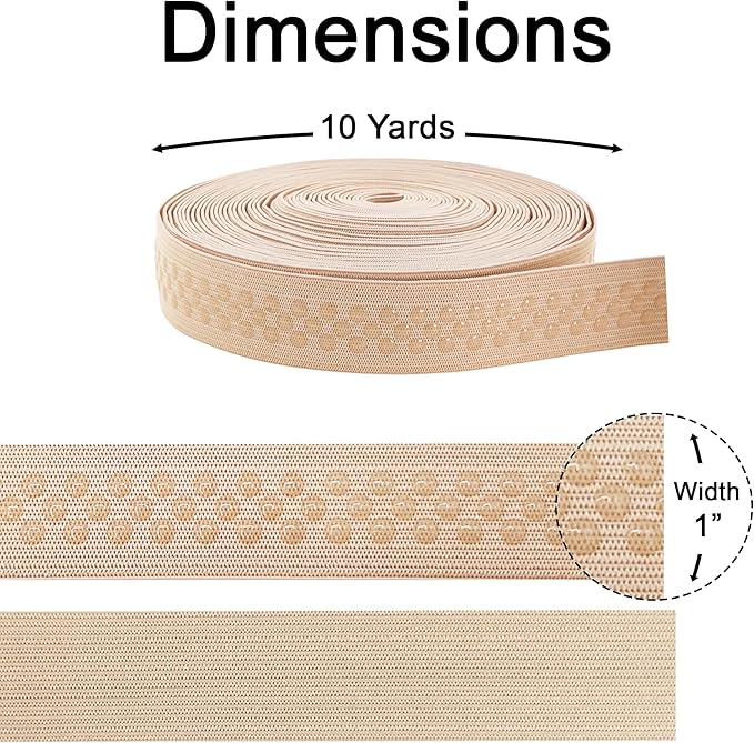 Mandala Crafts 1 Inch Elastic Silicone Gripper Tape for Clothing - 10 Yds Dotted Non Slip Elastic Band for Sewing - Nude Silicone Flat Fabric Stretchy Ribbon Straps