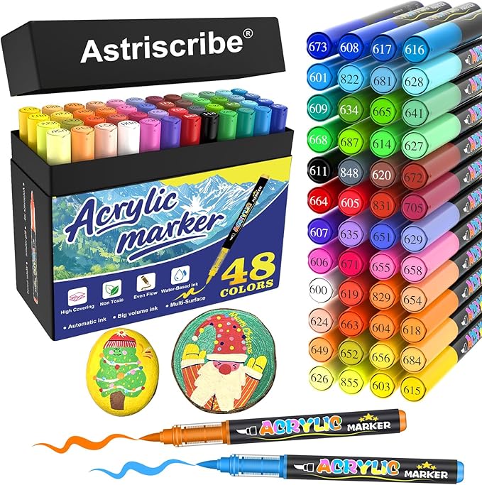 48 Colors Acrylic Paint Pens Markers, No-Bleed Brush Tip Acrylic Markers with Automatic Ink Control System, for Stone, Wood, Canvas, Ceramic, Glass, Metal, Rock Painting, Crafts Art Supplies Kit