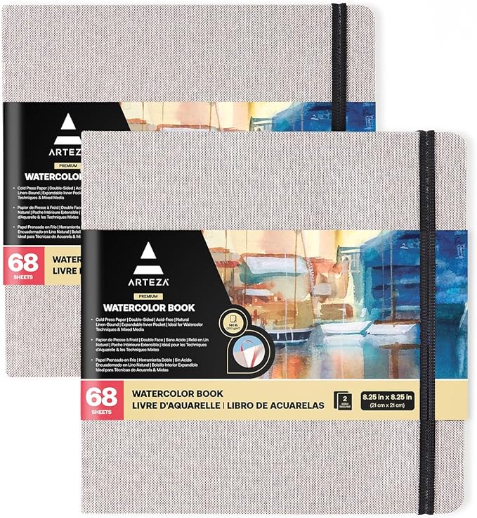 ARTEZA Watercolor Sketchbook, 2-Pack, 68 Pages Each, 8.25 x 8.25 Inches, Gray Hardcover, 110-Pound Paper