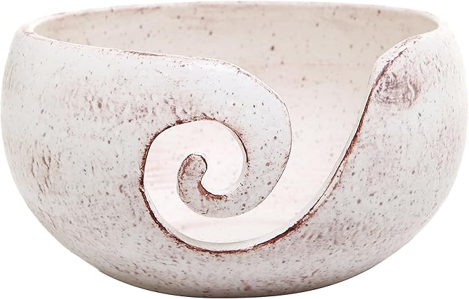 MyGift Cream Ceramic Tangle-Free Yarn Ball Bowl, Rustic Handcrafted Knitting Crochet Bowl with Cut Out Swirl