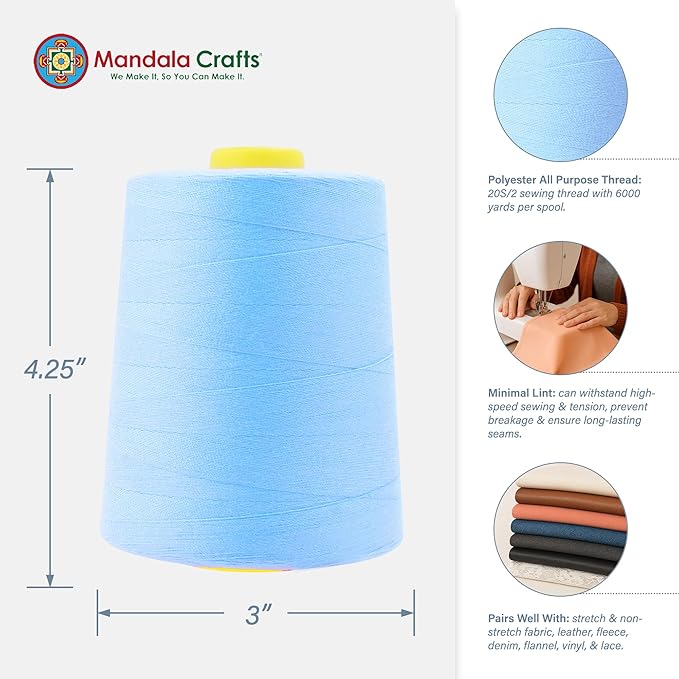Mandala Crafts 4 Pack of Serger Threads Cones Spools - 20S/2 24000 Yards Polyester Ice Blue Threads for Sergers Machine and Overlock Quilting Sewing Machine