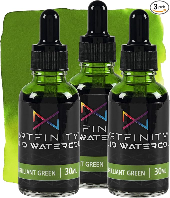 Liquid Watercolor Paint 30 ml Bottle - 3 Pack, Brilliant Green - Vibrant Dye-Based Liquid Watercolor w/Glass Pipette, Fast
