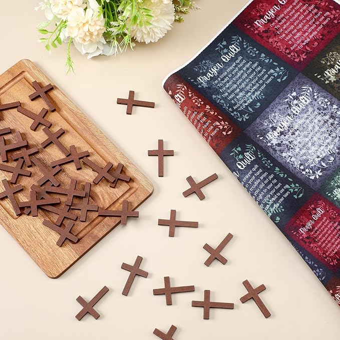 Pocket Prayer Quilt Panel Squares with Small Wooden Crosses Mini Scripture Pocket Prayer Quilt for Friend Family Religious Spiritual Gift Easter Reward Gift(Retro,Brown)