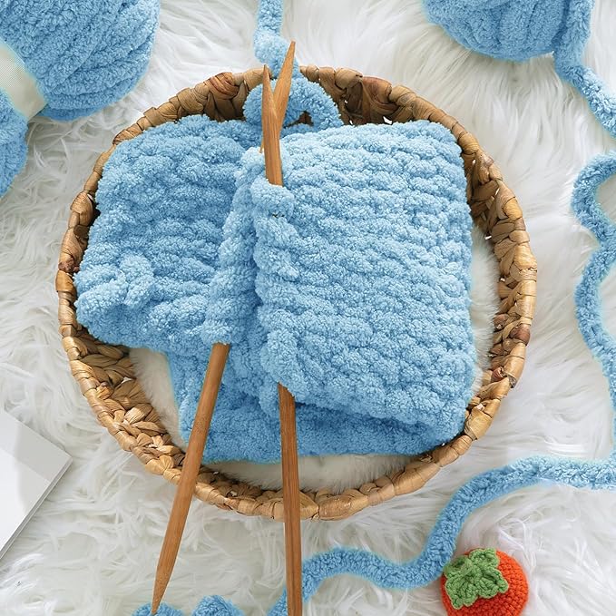 HOMBYS Sky Blue Chunky Chenille Yarn for Hand Knitting,Fluffy Soft Jumbo Yarn Crocheting,Super Bulky Big Yarn for Chunky Blanket,Large Thick Arm Knitting Yarn,8 Pack Plush Yarn