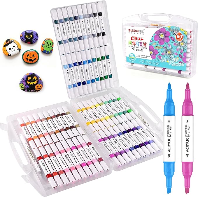 Acrylic Paint Pens Markers, 60 Colors Dual Tip Acrylic Paint Pens, Waterproof Markers for Rock Painting, Wood, Canvas, Stone, Glass, Ceramic Surfaces, DIY Crafts Art Supplies (Triangle pole 60color)