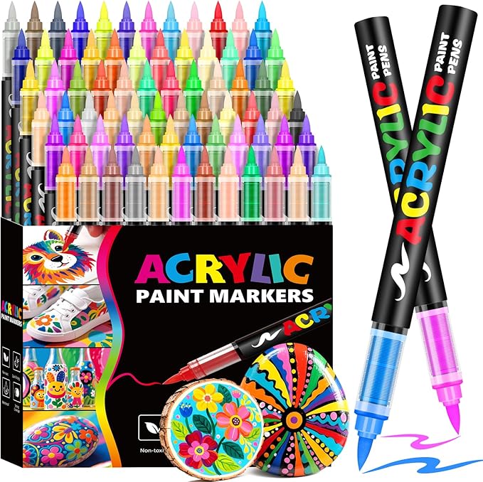 72 Colors Acrylic Paint Markers, Brush Tip Acrylic Paint Pens for Painting Rocks, Wood, Canvas, Glass, Fabric, Egg, Stone and DIY Crafts for Adults, Kids Art Supplies