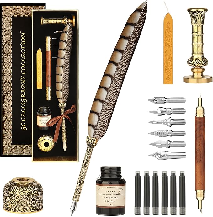 GC QUILL Calligraphy Pen Set - Feather Dip Pen,Dual Tip Calligraphy Fountain Pen, Stamp, Wax Candle, Pen Base, Ink Bottle, Ink Cartridges L1492