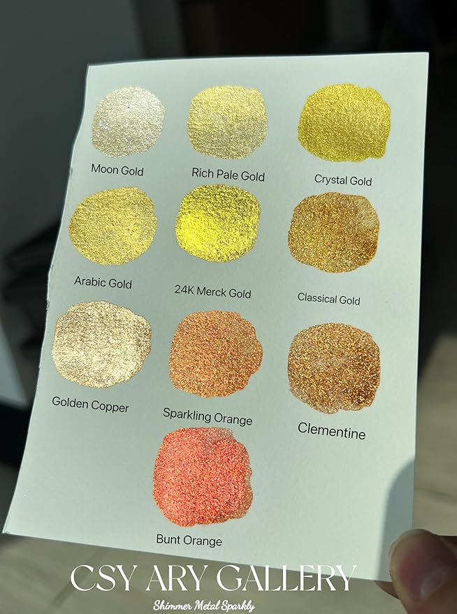 CSY art gallery Gold Handmade Mica Watercolor Paint Set in Tin Case Metallic Full Pans Water Color Sparkly, Shimmer, Glitter for Artists in Hand Lettering, Junk Journaling, Painting(Set 1)