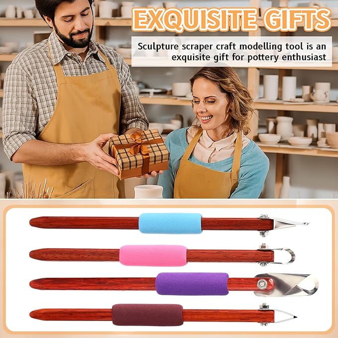 Lanties 4 Pcs Pottery Carving Tool Set Sculpture Scraper Craft Modelling Tools Red Pear Wood Texture Handle with Stainless Steel Blade for Clay Carving, Ceramic Sculpting, Graffito (Wonderful Color)