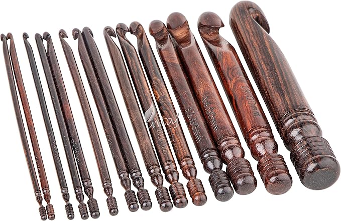 INTAJ Rosewood Jumbo Crochet Hook Set Handmade, 15 Sizes Upto 25MM Wooden Crochet Hooks for Knitting, Size Engraved - Wooden Yarn Bowl Crochet Hook Accessories (Set of 7 3.5-10mm, Rosewood)