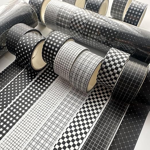 YUBX Black Grid Washi Tape Set 8 Rolls Plaid Decorative Masking Tapes for Arts, DIY Crafts, Journals, Planners, Scrapbook, Wrapping