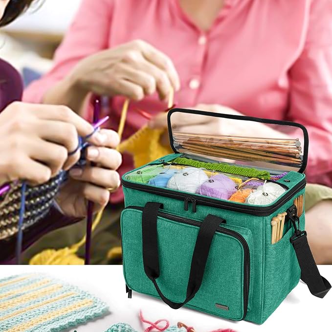 Teamoy Knitting Bag, Yarn Tote Organizer with Inner Divider (Sewn to Bottom) for Crochet Hooks, Knitting Needles(Up to 14”), Project and Supplies -No Accessories Included, Green