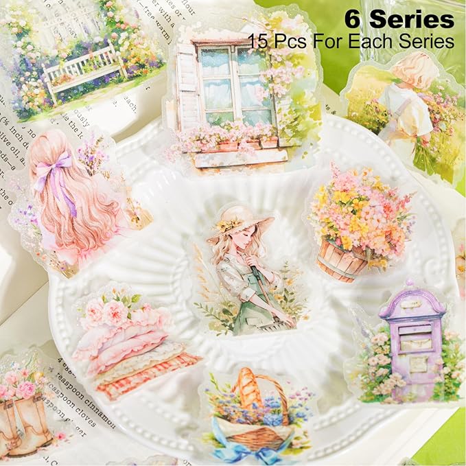 Healing Garden PET Stickers, 90 Pcs Whimsical Floral Ephemera for Scrapbooking, Journaling, DIY Crafting, and Art Supplies