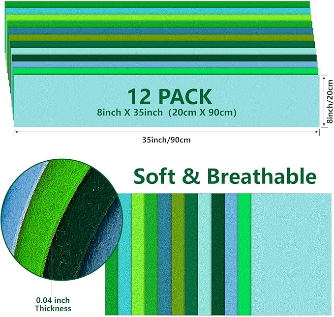 Large Stiff Felt Sheets Bundle Felt Fabric Sheets for Crafts 12 Rolls 8"x35" Soft Summer Color 12 Assorted Colors Felt Pack for DIY Craft Sewing Squares Nonwoven Patchwork (Green)
